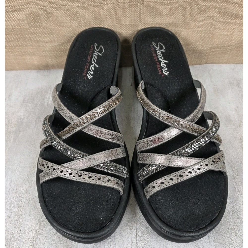 Skechers Women's Rumblers Wave New Lassie Memory Foam Wedge Sandals Pewter Sz 10